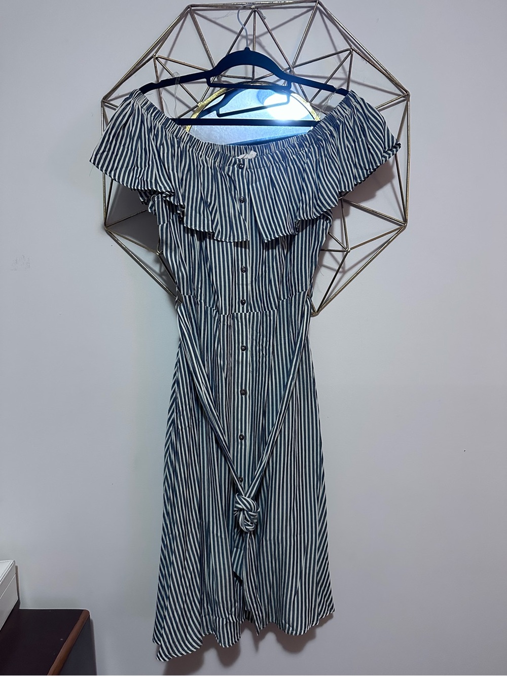 Striped Off-Shoulder Button-Front Midi Dress - Blue/White